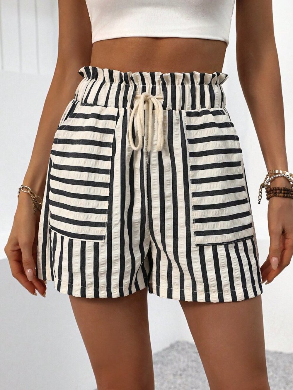 Multicolor Casual Women's Vacation Colorblock Striped Paper Bag Waist Shorts